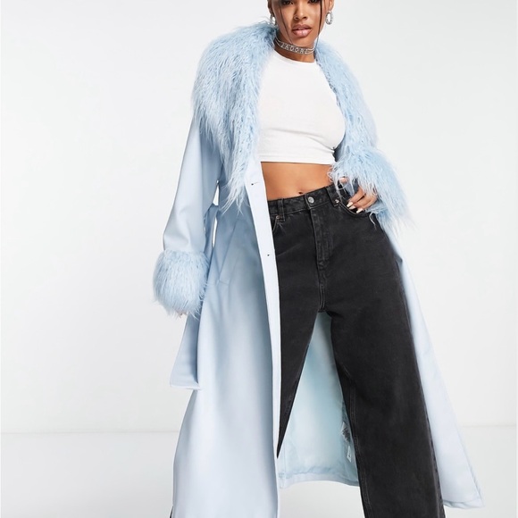 ASOS Sky Blue Leather Jacket with Plush Fur - Picture 3 of 10